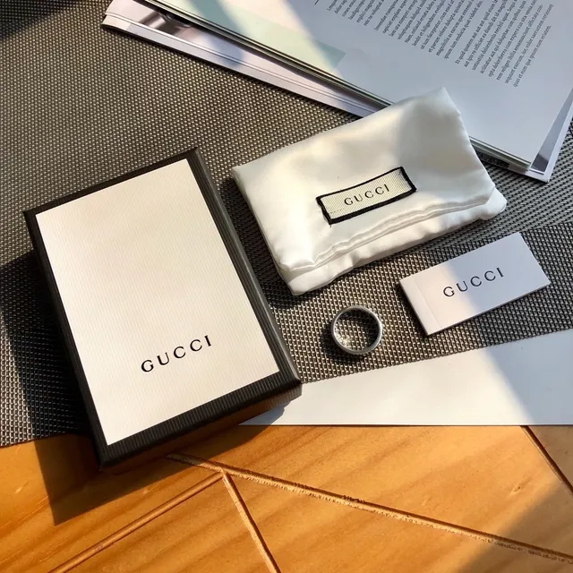 Gucci Silver Black Stackable Band Rings Enamel GG Motif Ring 4