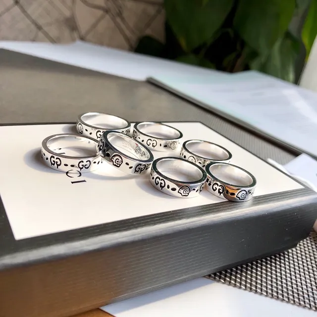 Gucci Silver Black Stackable Band Rings Enamel GG Motif Ring 7