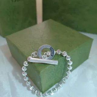 Gucci Pulsera de Cadena de Bolas Azul Plateada con Perlas Cadena Listrada Esmaltada con Broche de Palanca