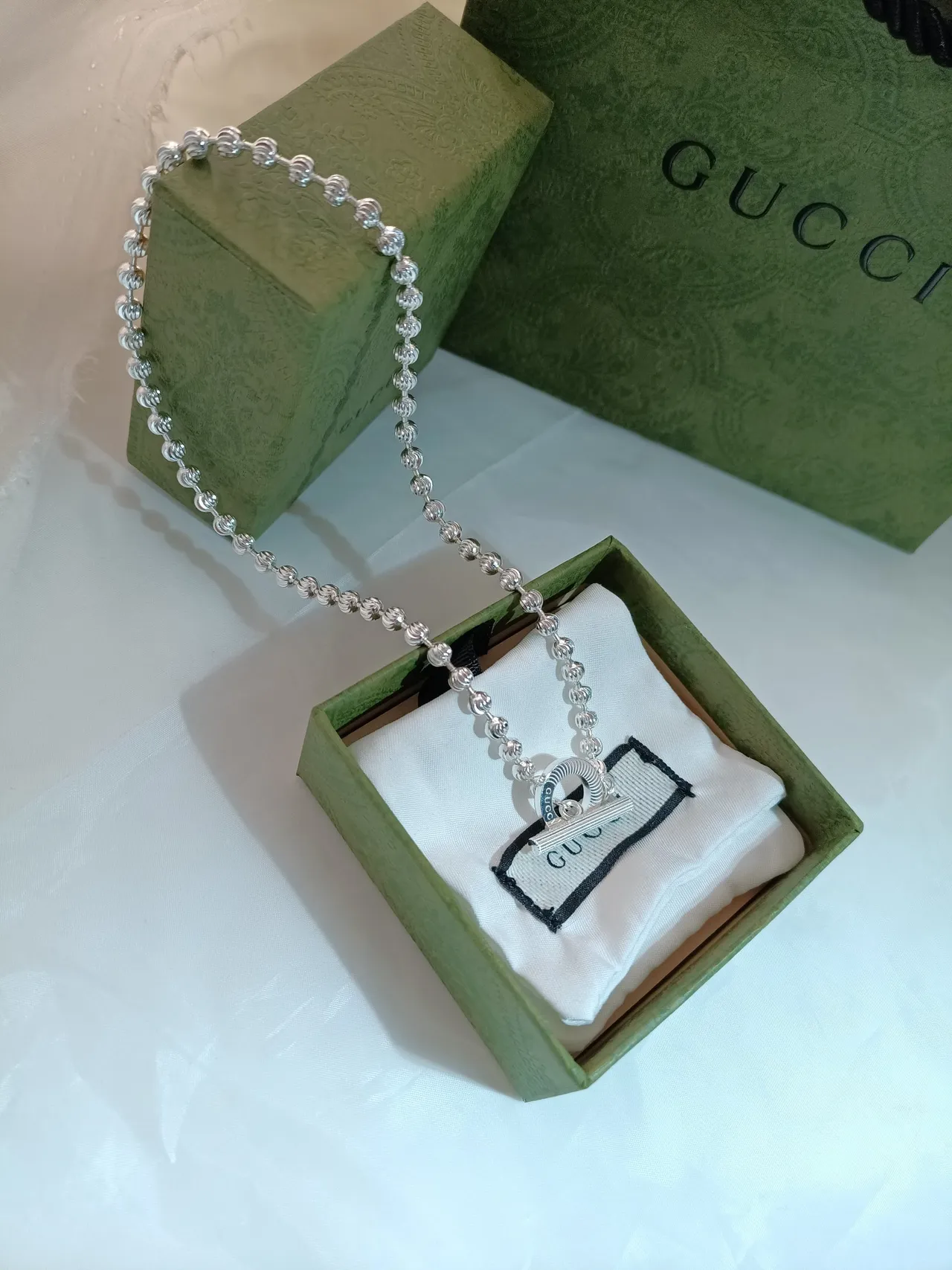 Gucci Silver Blue Beaded Ball Chain Striped Enamel Toggle Clasp Bracelet 2