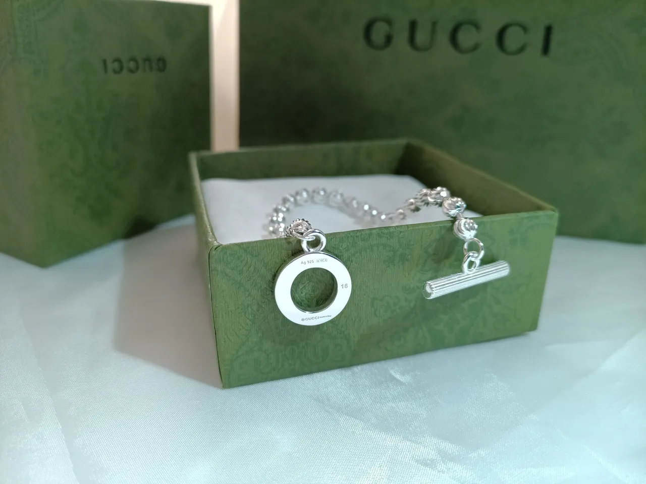 Gucci Silver Blue Beaded Ball Chain Striped Enamel Toggle Clasp Bracelet 3