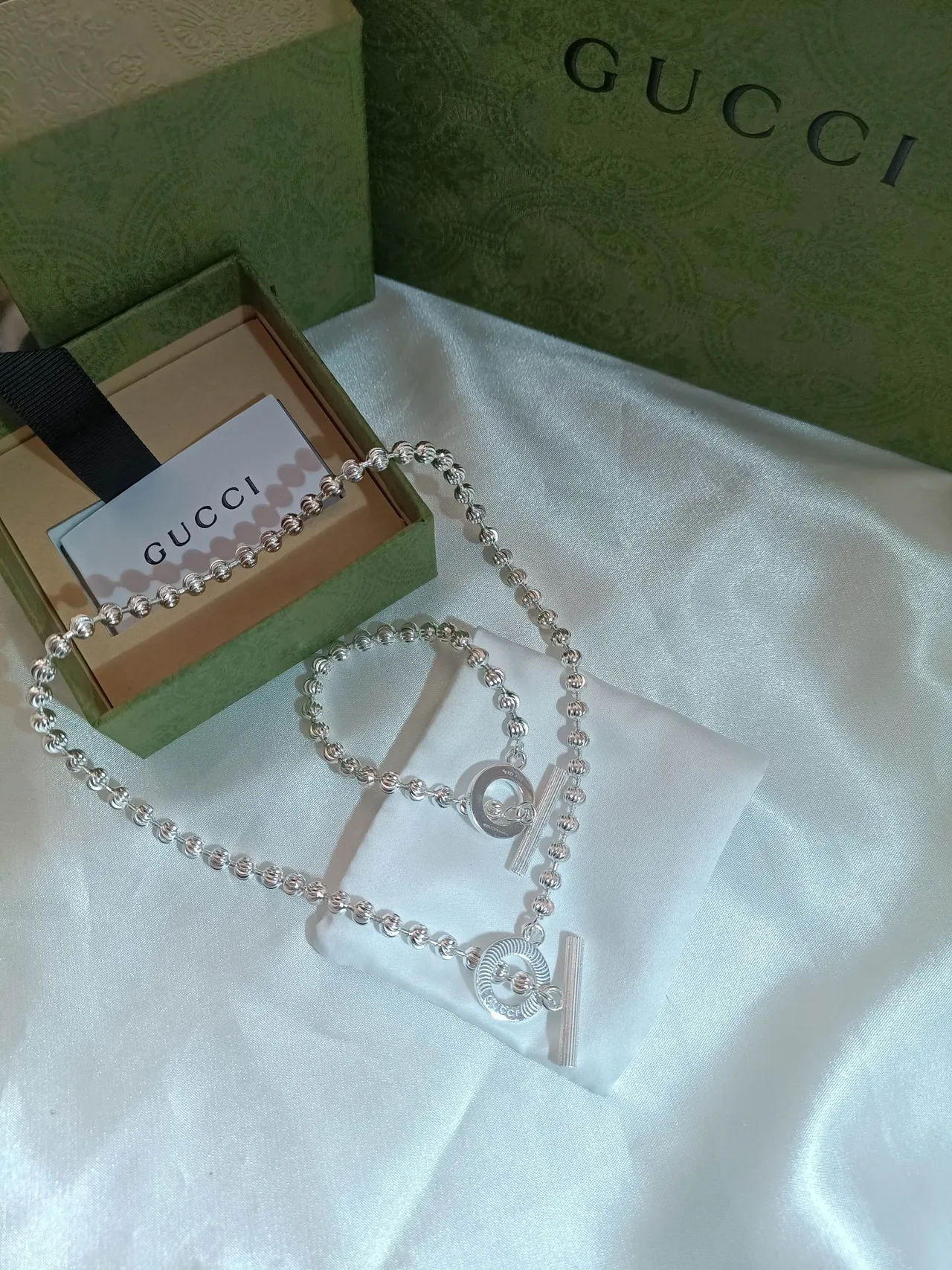 Gucci Silver Blue Beaded Ball Chain Striped Enamel Toggle Clasp Bracelet 4