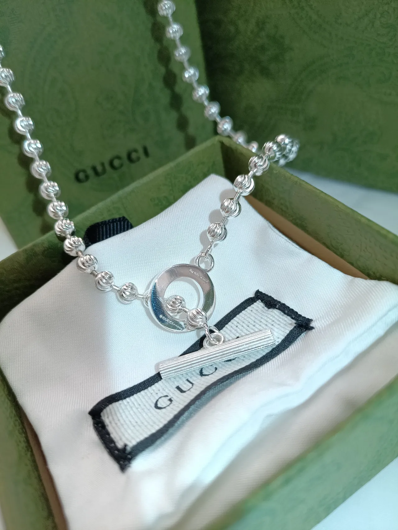 Gucci Silver Blue Beaded Ball Chain Striped Enamel Toggle Clasp Bracelet 5