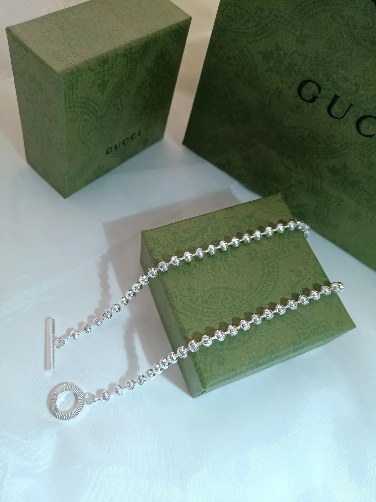 Gucci Silver Blue Beaded Ball Chain Striped Enamel Toggle Clasp Bracelet 6