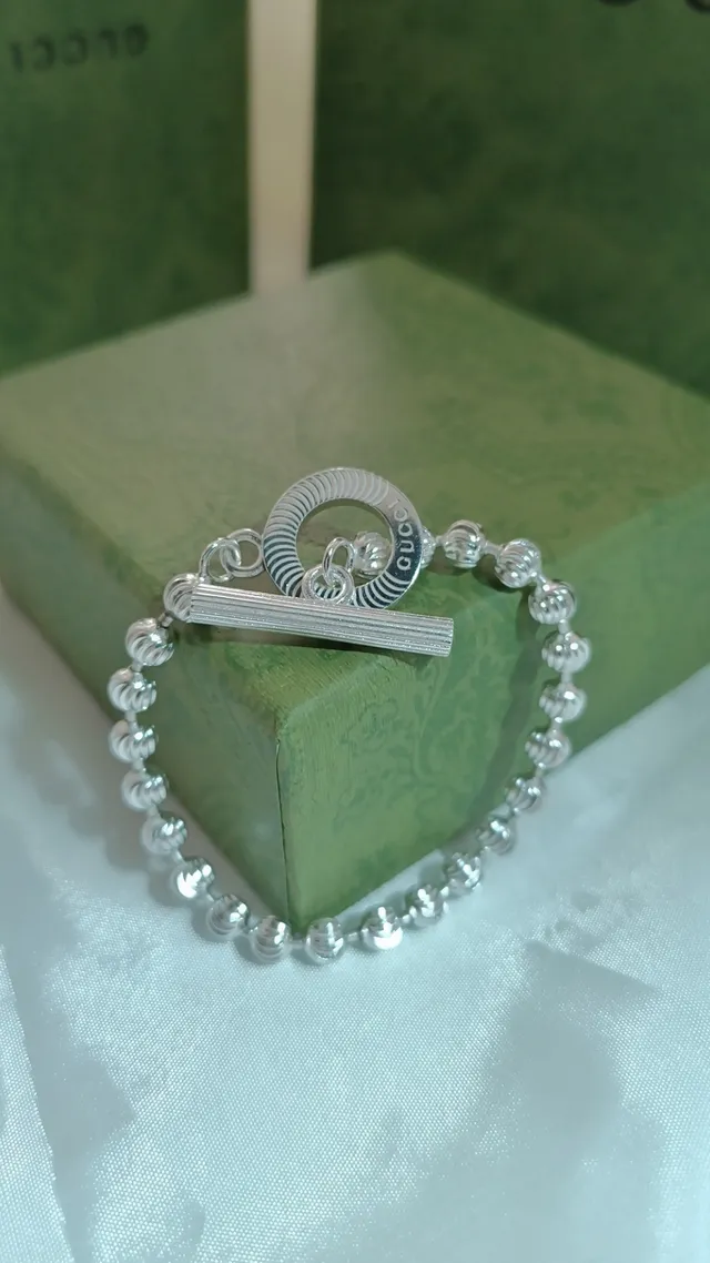 Gucci Silver Blue Beaded Ball Chain Striped Enamel Toggle Clasp Bracelet 8