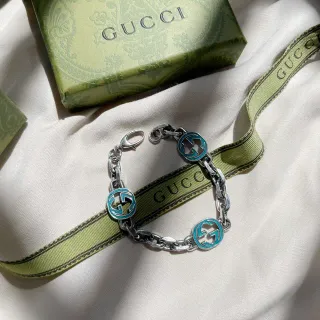 Gucci Pulsera Cadena Eslabón Plateada Azul Esmalte Turquesa Motivos GG