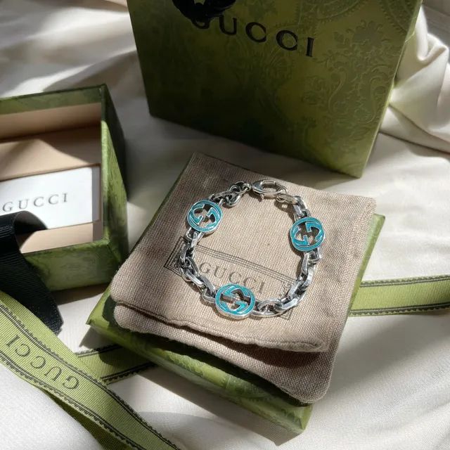 Gucci Silver Blue Chain Link Turquoise Enamel GG Motifs Bracelet 4