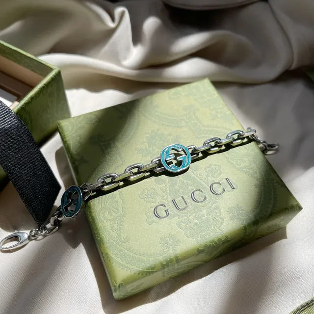 Gucci Silver Blue Chain Link Turquoise Enamel GG Motifs Bracelet 5