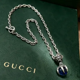 Gucci Silver Blue Oxidized Chain Skull-and-Claw Pendant Necklace