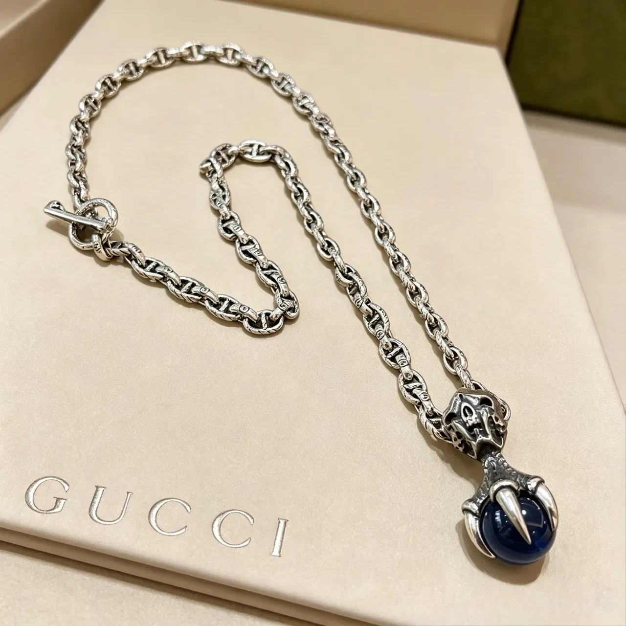 Gucci Silver Blue Oxidized Chain Skull-and-Claw Pendant Necklace 6