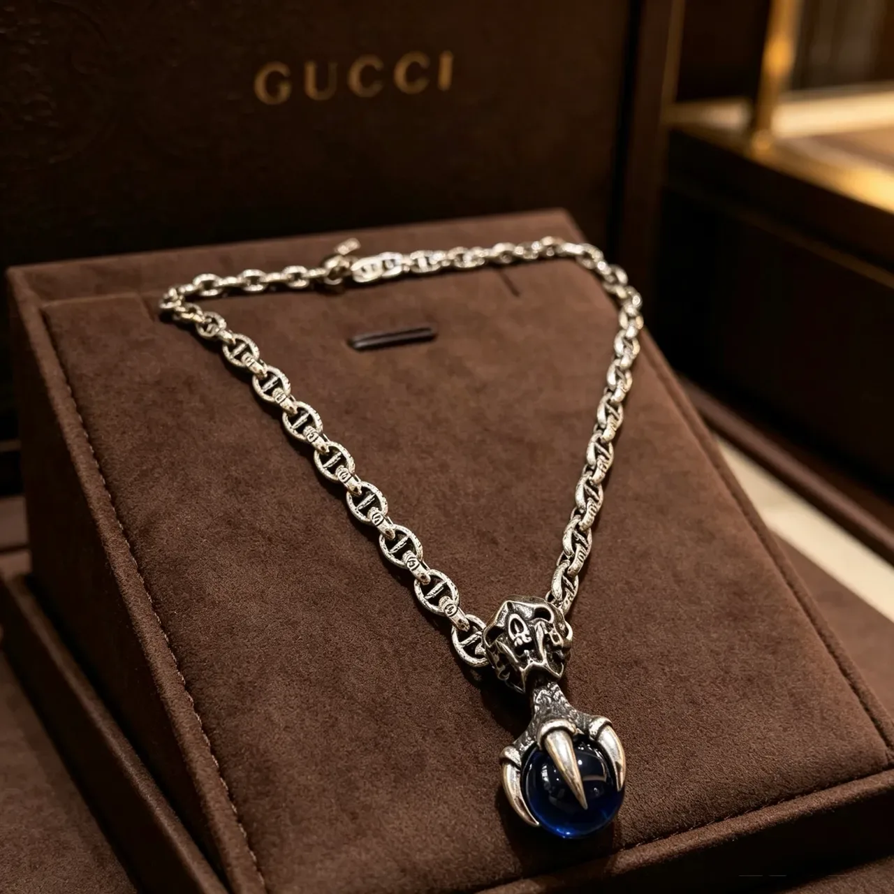 Gucci Silver Blue Oxidized Chain Skull-and-Claw Pendant Necklace 7