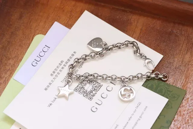 Gucci Silver Gold Curb Chain Three Dangling Charms Bracelet 2
