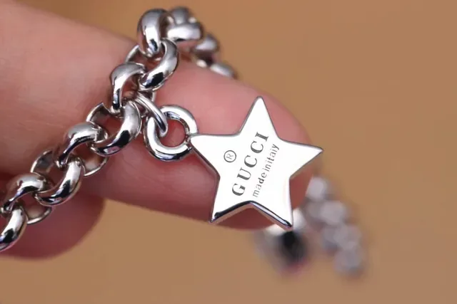 Gucci Silver Gold Curb Chain Three Dangling Charms Bracelet 6