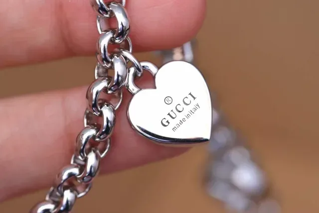 Gucci Silver Gold Curb Chain Three Dangling Charms Bracelet 7