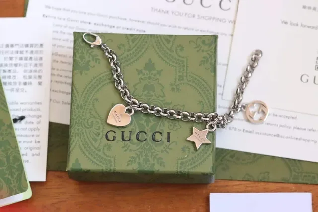 Gucci Silver Gold Curb Chain Three Dangling Charms Bracelet 9