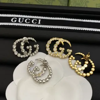 Gucci Silver Gold Interlocking Double-G Motif Crystal-Pavé Earrings