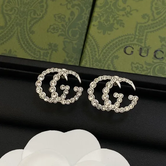 Gucci Silver Gold Interlocking Double-G Motif Crystal-Pavé Earrings 3
