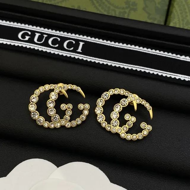 Gucci Silver Gold Interlocking Double-G Motif Crystal-Pavé Earrings 4