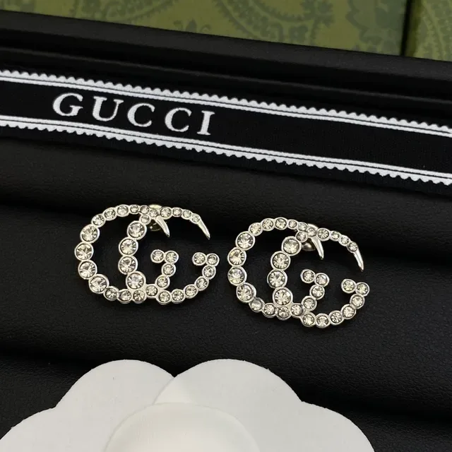 Gucci Silver Gold Interlocking Double-G Motif Crystal-Pavé Earrings 5