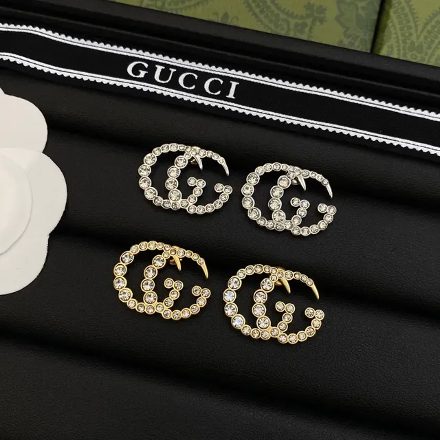 Gucci Silver Gold Interlocking Double-G Motif Crystal-Pavé Earrings 6