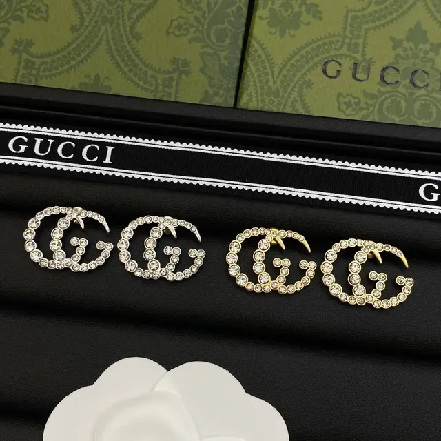 Gucci Silver Gold Interlocking Double-G Motif Crystal-Pavé Earrings 7