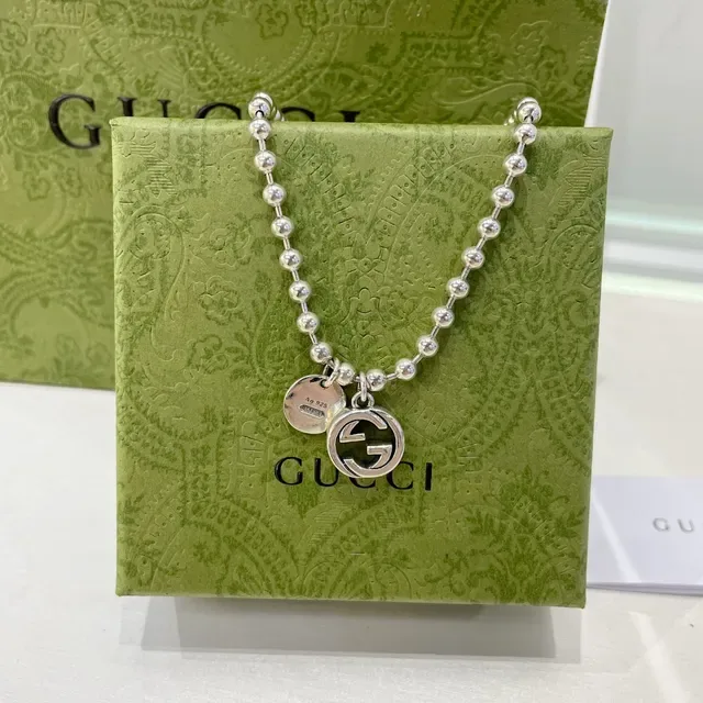 Gucci Silver Green Ball-Chain Interlocking G Charm Necklace 4