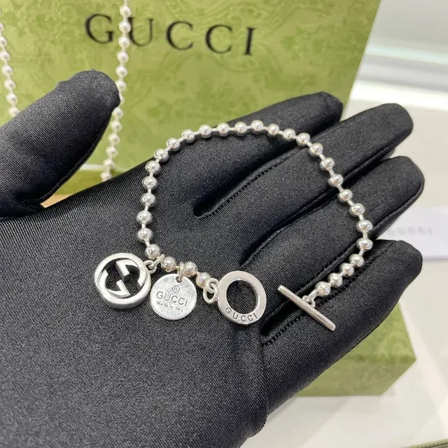 Gucci Silver Green Ball-Chain Interlocking G Charm Necklace 8