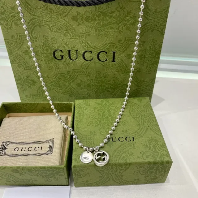 Gucci Silver Green Ball-Chain Interlocking G Charm Necklace 9