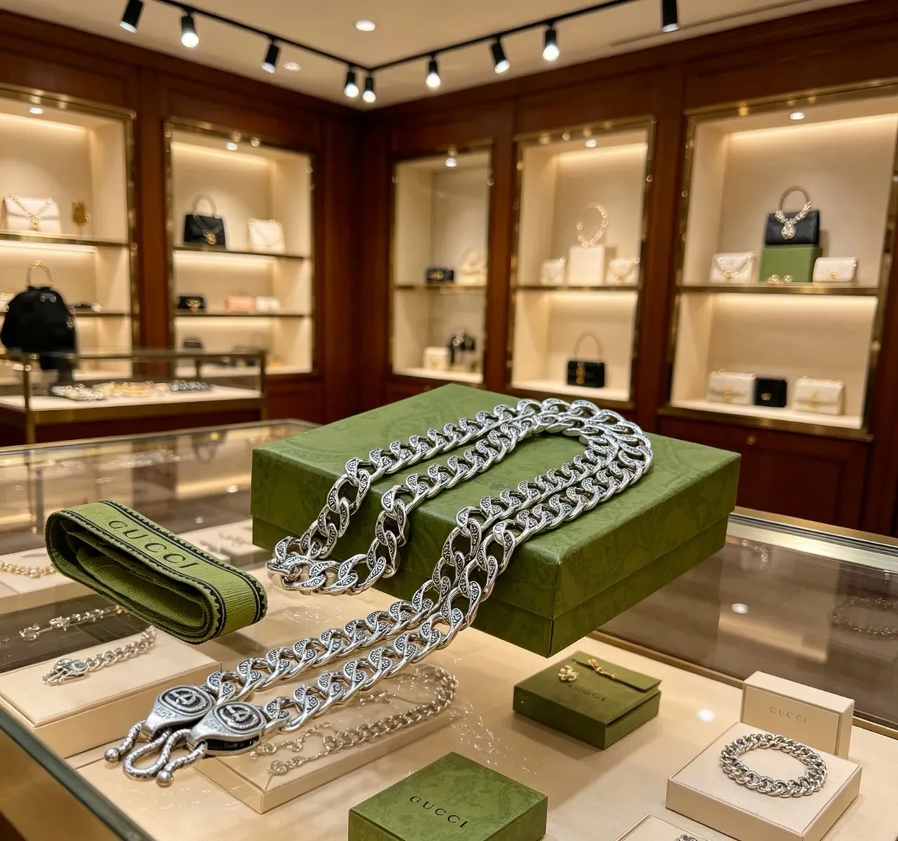 Gucci Silver Green Chunky Curb-Link Chain Ornate Double-G Clasp Necklace 3