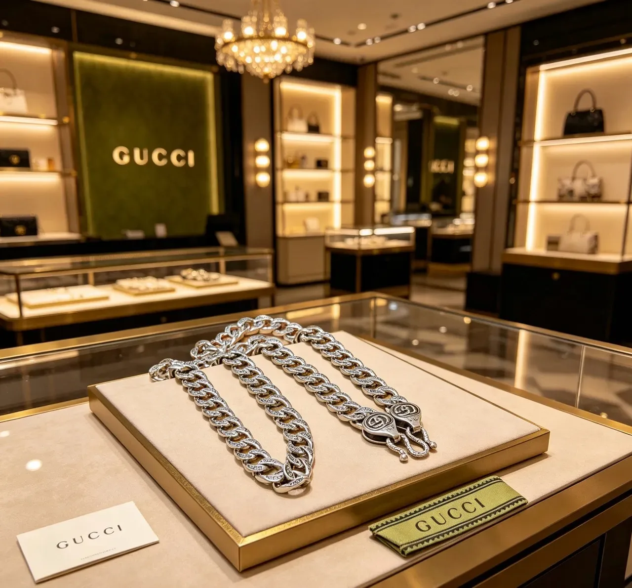 Gucci Silver Green Chunky Curb-Link Chain Ornate Double-G Clasp Necklace 6