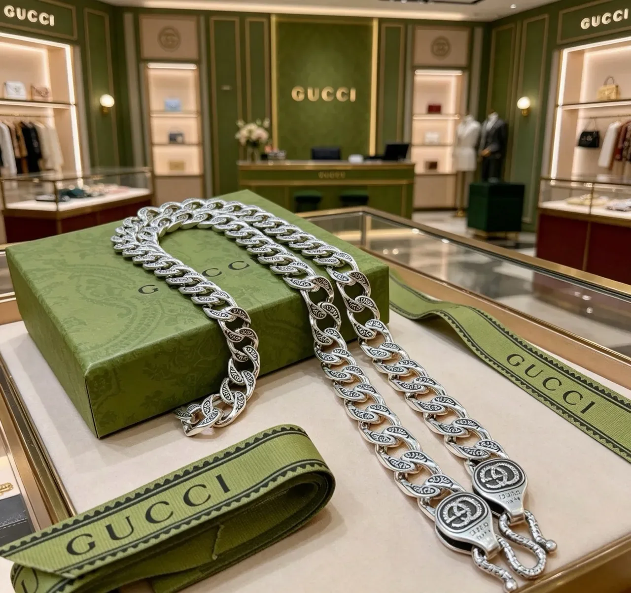 Gucci Silver Green Chunky Curb-Link Chain Ornate Double-G Clasp Necklace 8