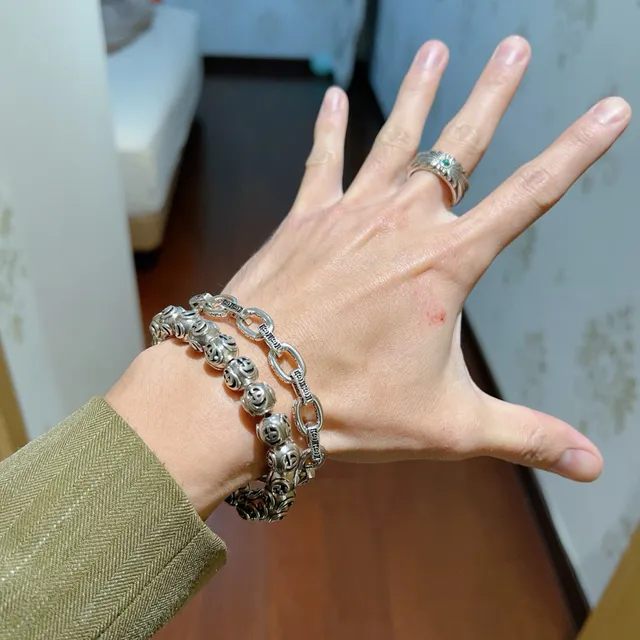 Gucci Silver Green Chunky Oval-Link Chain Engraved Branding Bracelet 8