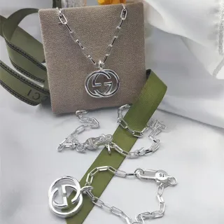 Gucci 银色 interlocking G Logo 吊坠 椭圆链条项链