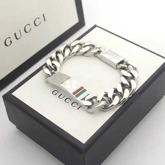 Gucci Silver Multicolor Chunky Curb Chain Rectangular Plaque Bracelet 1