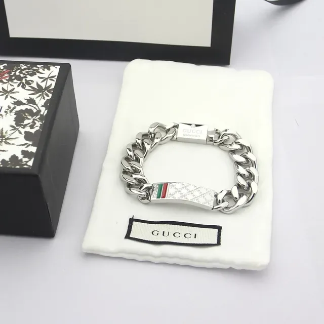 Gucci Silver Multicolor Chunky Curb Chain Rectangular Plaque Bracelet 3
