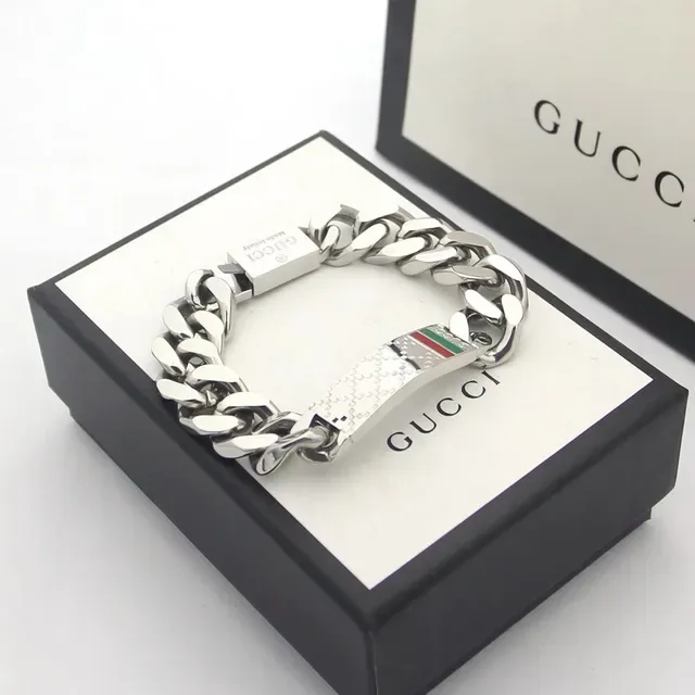 Gucci Silver Multicolor Chunky Curb Chain Rectangular Plaque Bracelet 6