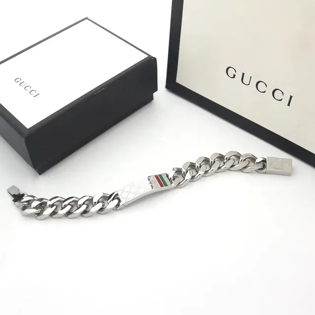 Gucci Silver Multicolor Chunky Curb Chain Rectangular Plaque Bracelet 9