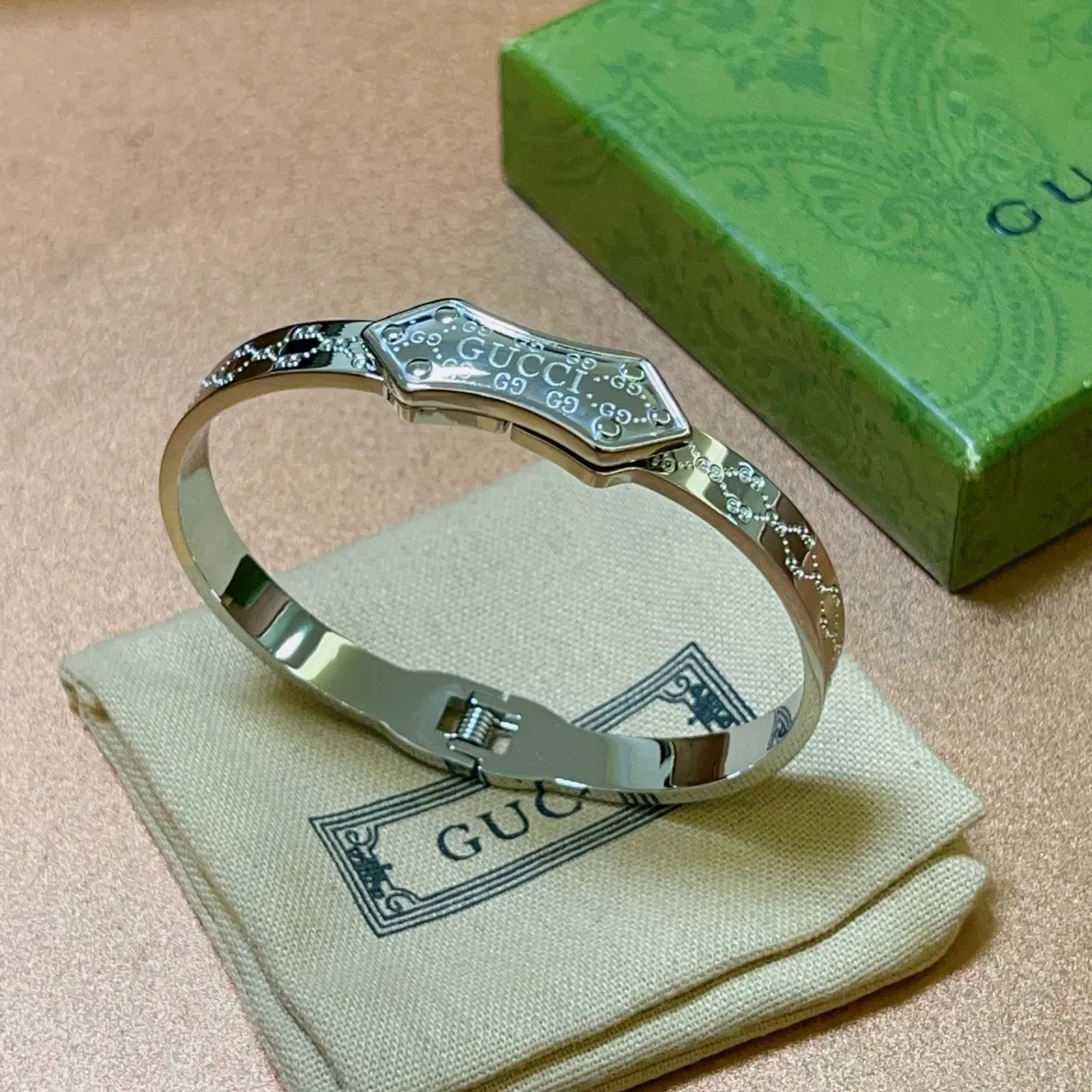 Gucci Silver Polished Engraved GG Monogram Bracelet 4