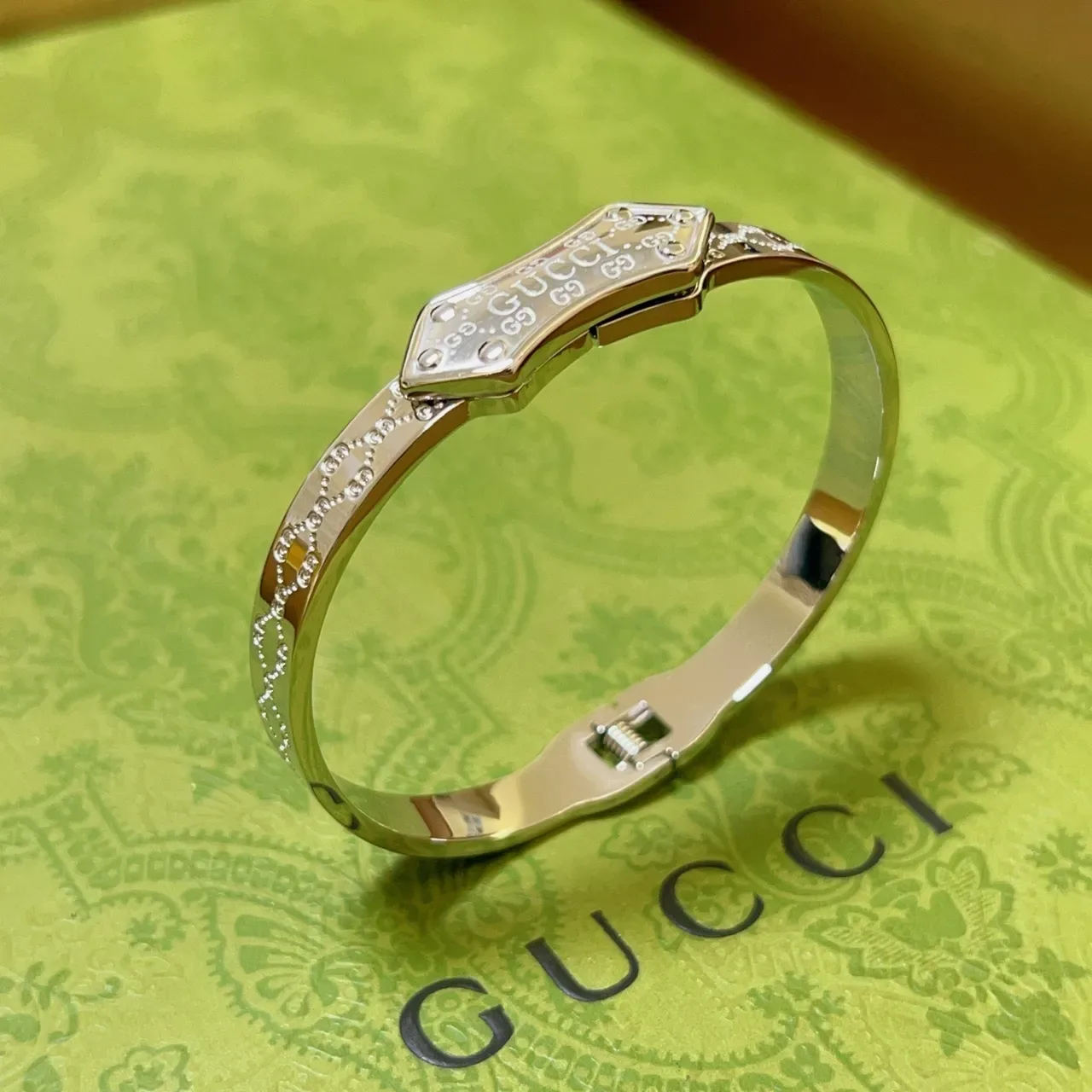 Gucci Silver Polished Engraved GG Monogram Bracelet 9