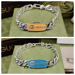 Gucci Cadena Curb-Link Placa Esmaltada Pulsera Plata Amarilla