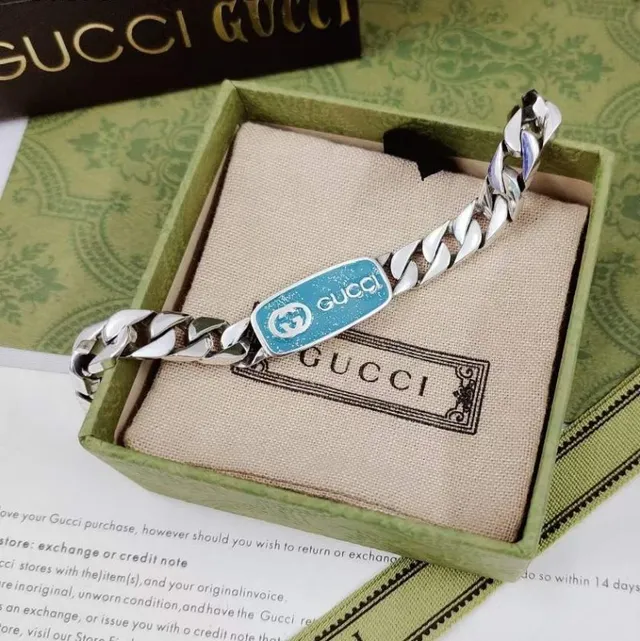 Gucci Silver Yellow Curb-Link Chain Enamel Plaque Bracelet 4