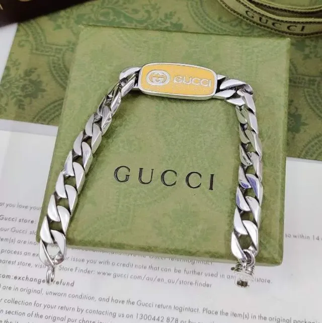 Gucci Silver Yellow Curb-Link Chain Enamel Plaque Bracelet 6