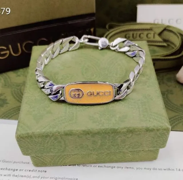 Gucci Silver Yellow Curb-Link Chain Enamel Plaque Bracelet 7