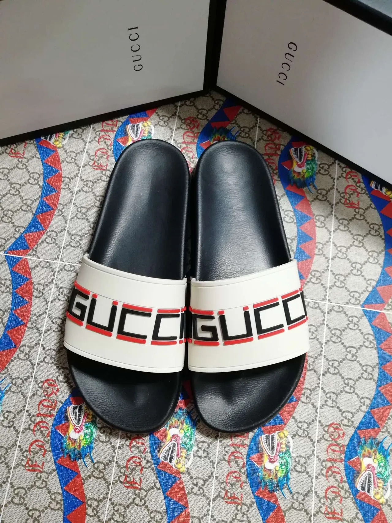 Gucci Slide Black and White Logo Strap Slippers 2