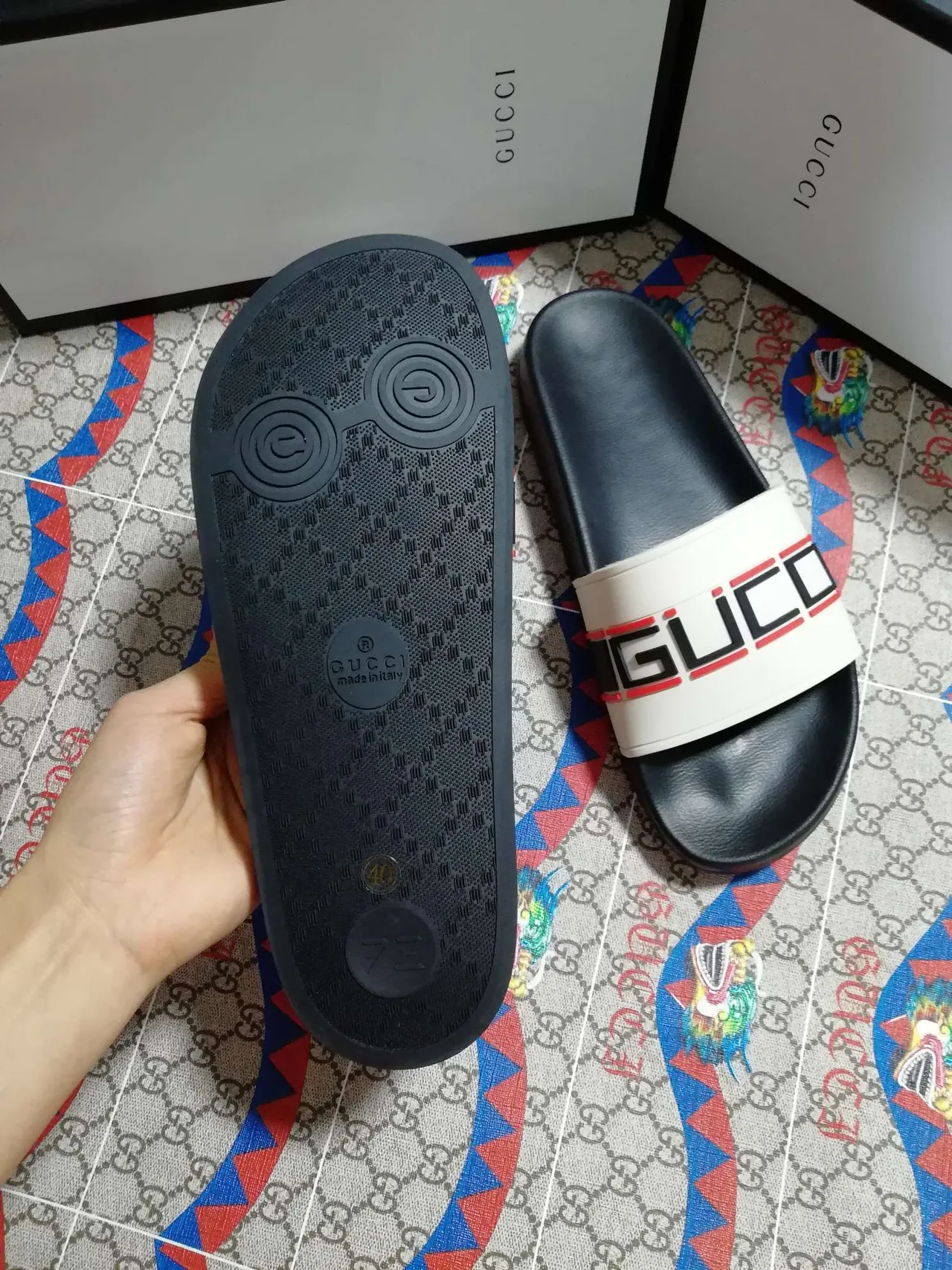Gucci Slide Black and White Logo Strap Slippers 3