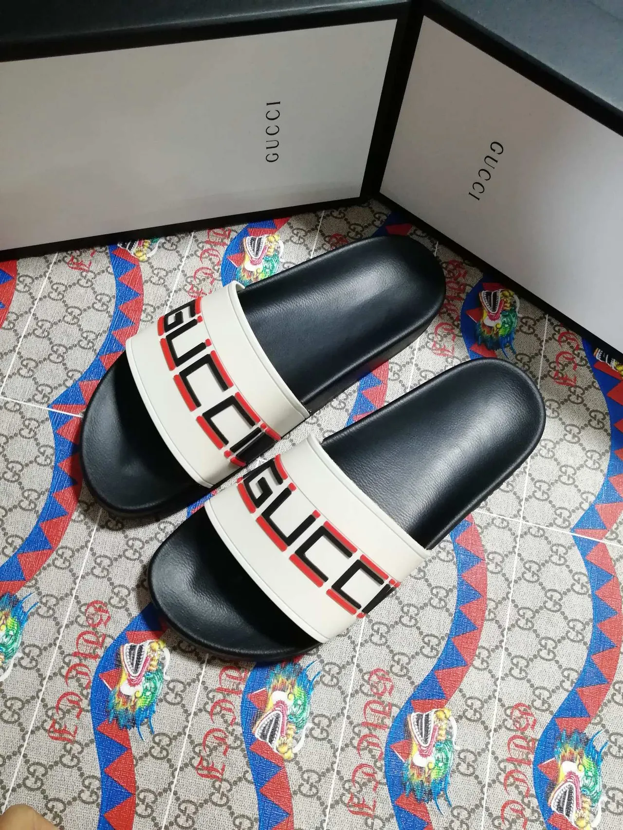Gucci Slide Black and White Logo Strap Slippers 4