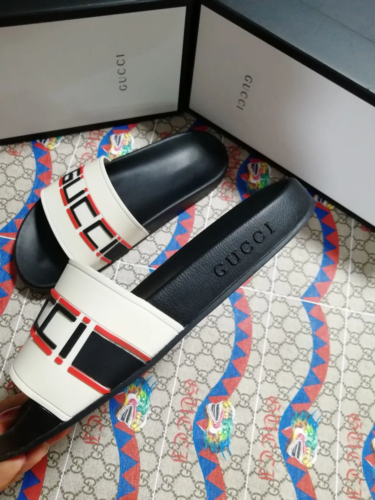 Gucci Slide Black and White Logo Strap Slippers 5