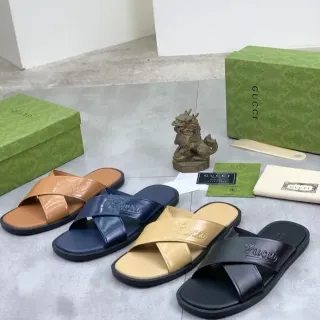 Gucci Slide Black Beige Embossed Logo Cross-Strap Slippers