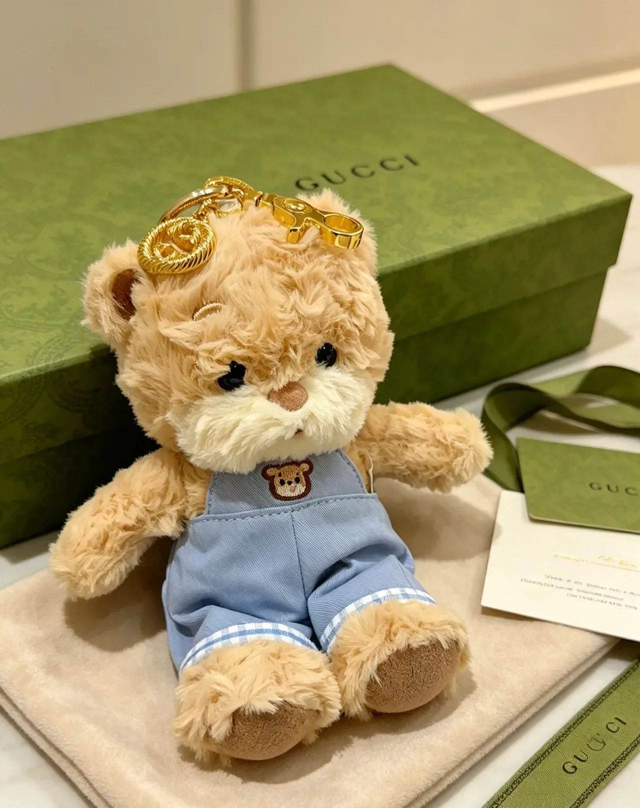 Gucci Teddy Bear Beige Blue Plush Denim Overalls Handbag 2