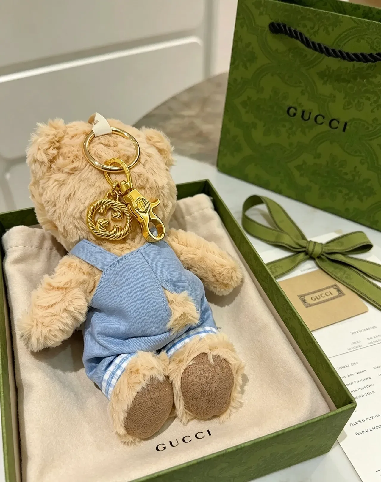 Gucci Teddy Bear Beige Blue Plush Denim Overalls Handbag 3